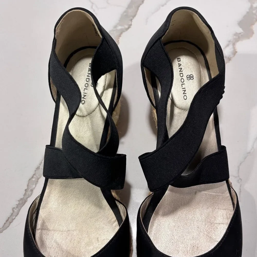 Bandolino | Rattan Hullen Black Wedge Sandals Heels Elastic Ankle Straps SZ 8.5